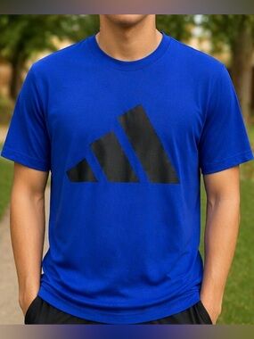 adidas Blue Logo Short Sleeve Tee 2XL with Black Trefoil Stripe Athletic Shirt